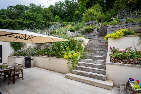 Patio and steps leading upwards