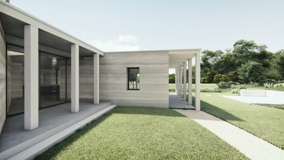 back view of house, porch with pillars looking onto garden