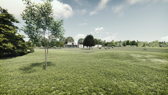 distant view of minimalistic view of q building barn house