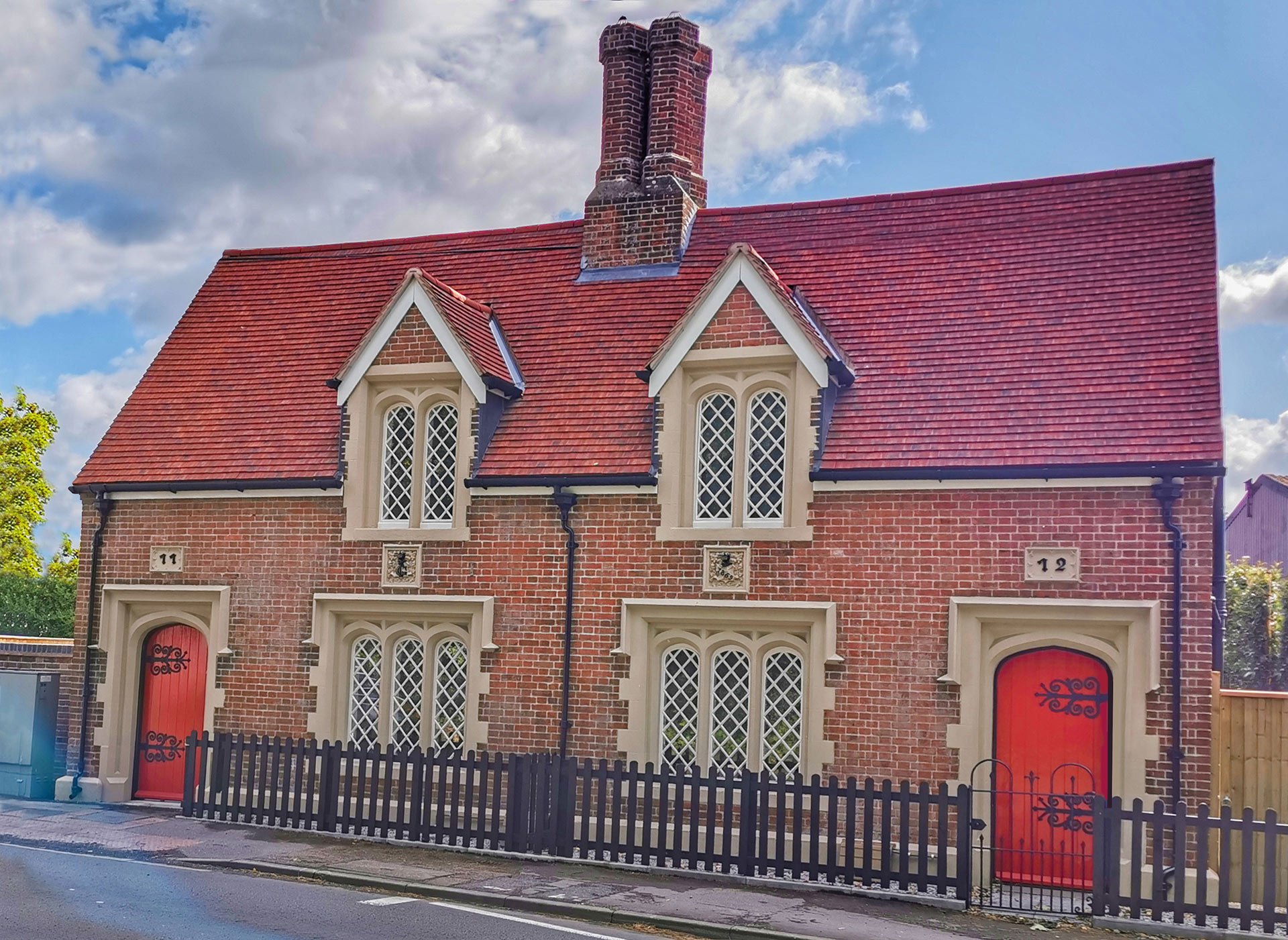 street view of old post office converted into house with red door